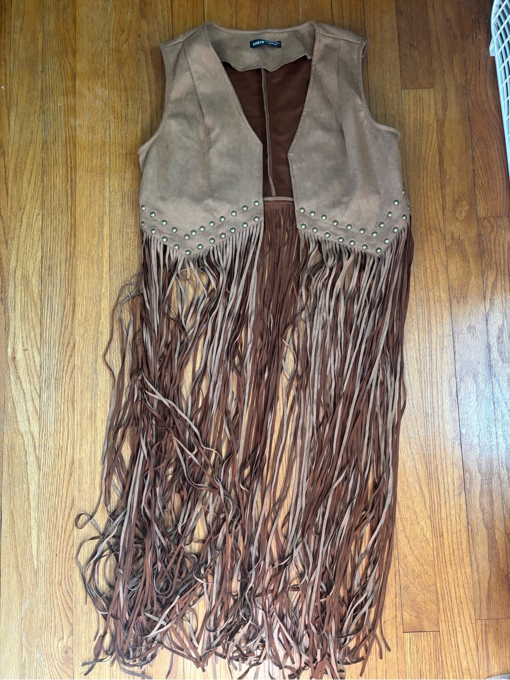 SHEIN Brown Faux-Suede Studded Fringe Vest